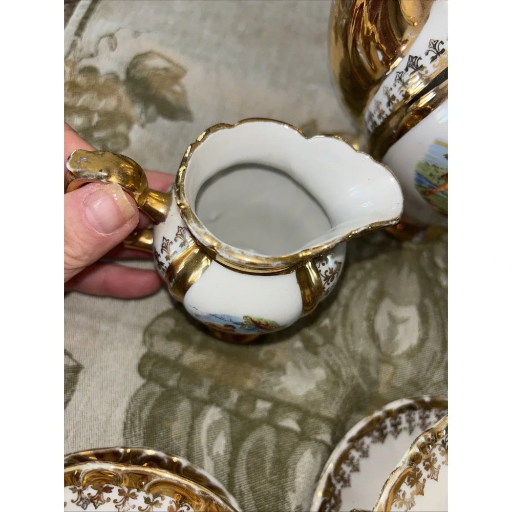 Gold Plate Bavarian Germany Courting Couple Tea Set‎ Service For Seven 3657